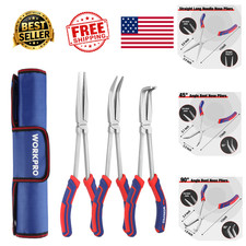 Long Reach Pliers Set 11 Inch Straight Needle Nose 45 and 90 Degree Bent Steel