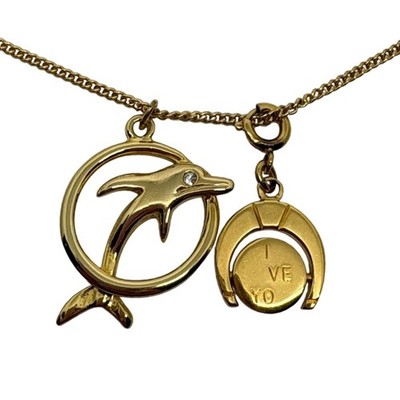 Gold Tone Dolphin Horseshoe Moon Pendant Necklace Lucky Charm I Love You Message