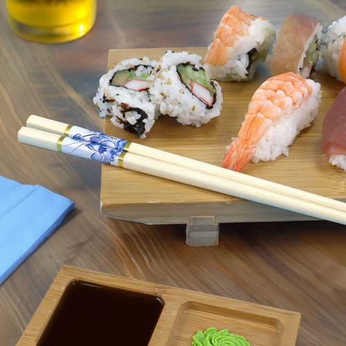 BambooMN Japanese Bamboo Chopsticks, Floral Print, 9.5 inch - Blue - 6 pairs - Picture 5 of 7