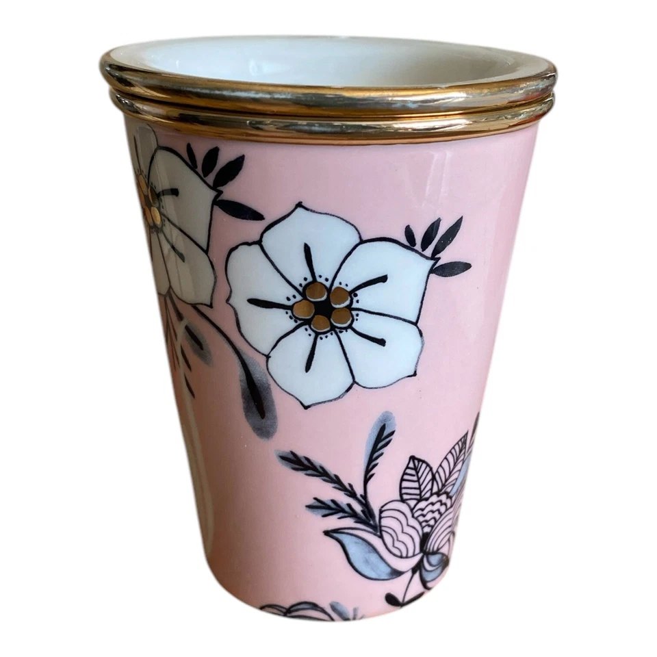 Vaso/taza de viaje de cerámica Anthropologie con tapa gato rosa floral raro café té Foto 4 de 4