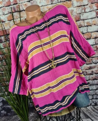 Italy SOMMER OVERSIZE LEINEN-OPTIK Shirt Bluse gestreift PINK 40-44 - Bild 1 von 4