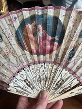 Antique Fan Painted Canvas  Bone  Flower Engravings  Rhinestones 18th