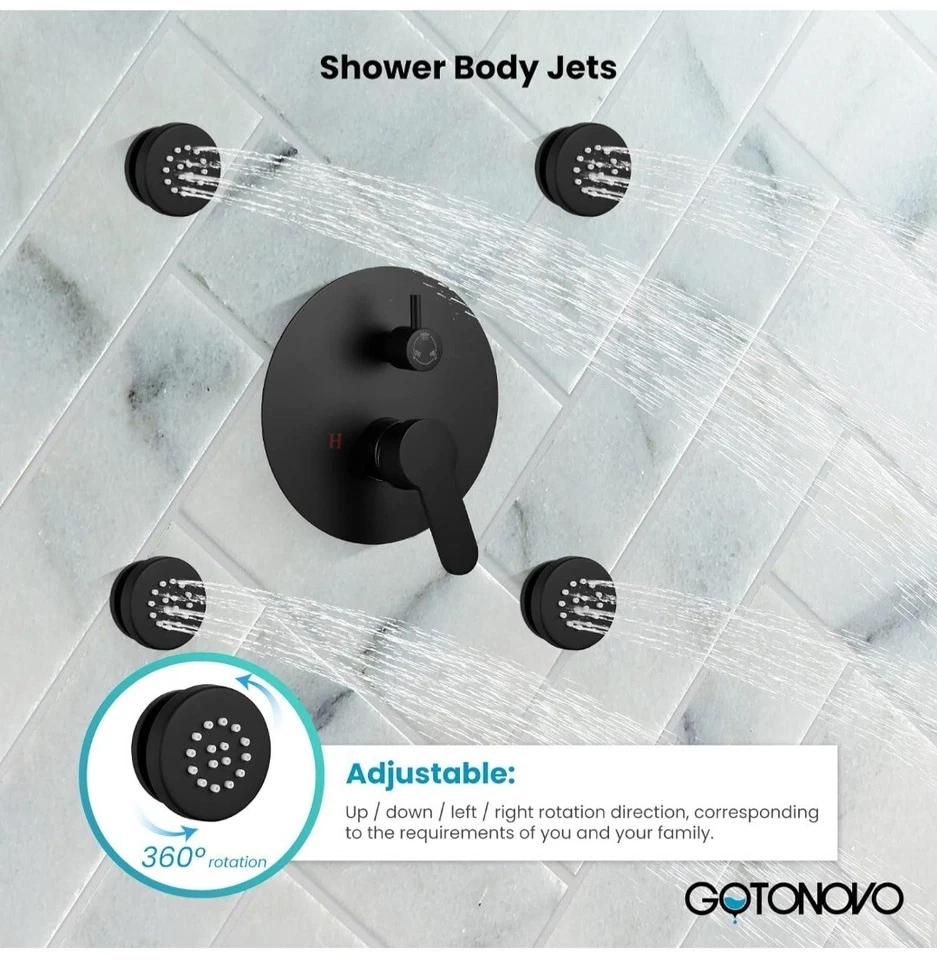 Juego combinado de cabezal de ducha de lluvia redondo Gotonovo negro mate de 10’’’ 4 chorros de spray corporal Foto 4 de 4