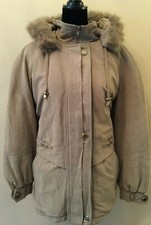 Vintage Charles Klein Womens Jacket Coat Size Large Beige Fur Trimmed Hood