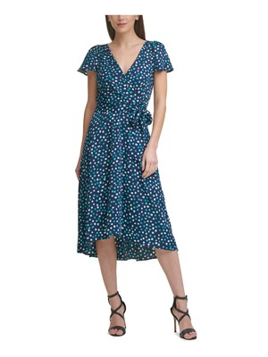 DKNY Womens Navy Tie Flutter Sleeve Midi Wear To Work Faux Wrap Dress 6