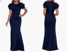 XSCAPE Navy Midnight Ruched Short Ruffle Sleeve Scuba Knit A-Line Maxi Gown 14
