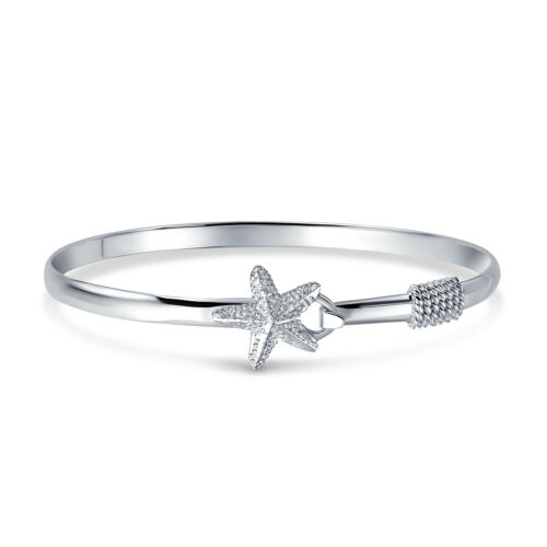 Nautical Starfish Beach Bangle Bracelet .925 Sterling Silver Eye Hook - Picture 1 of 5