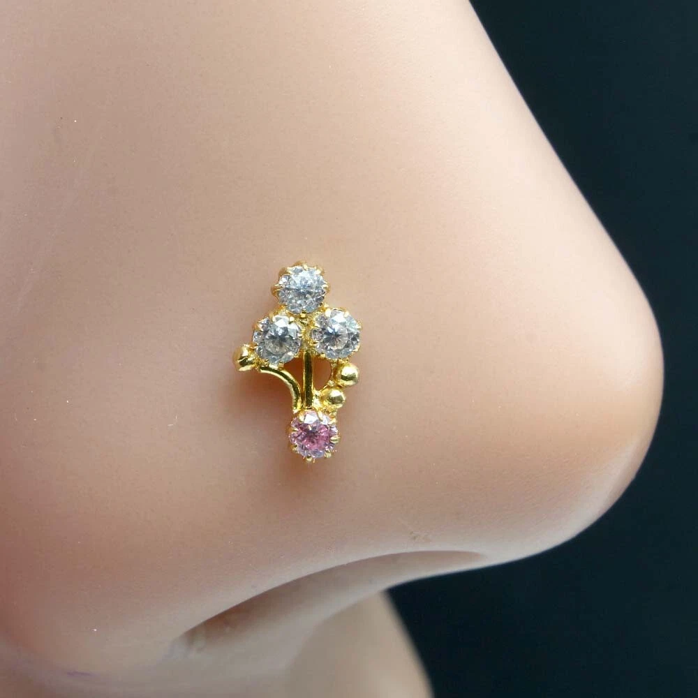 Indian Vertical Style Gold Plated nose Stud Pink White CZ Twisted nose ring 20g