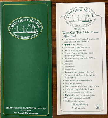 Twin Light Manor Glouchester MA - 1980s Vintage Travel Brochure & info sheet