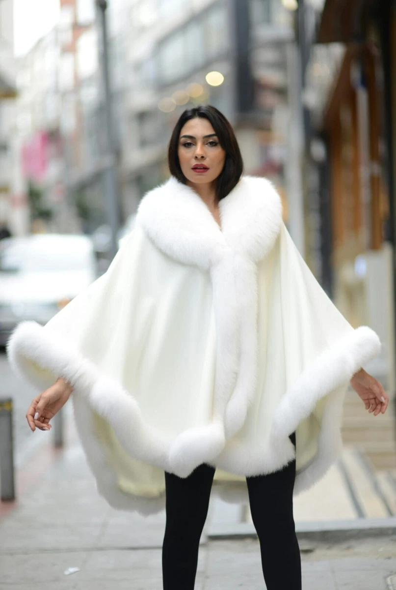 White Cashmere Cape with Genuine Fox Fur Trim for Women, One size fits all.