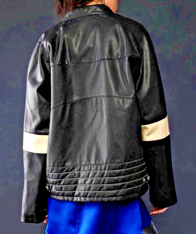 Free People Ryder Sport Vegan Moto Jacket XS Black Cream Stripe We The Free - Image 4 of 4