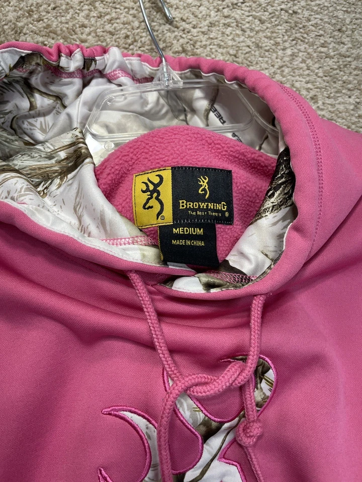 Browning 女式粉色 Buckmark 运动衫 M 码带 Huntworth 马尾帽 — 第 3/4 张图片