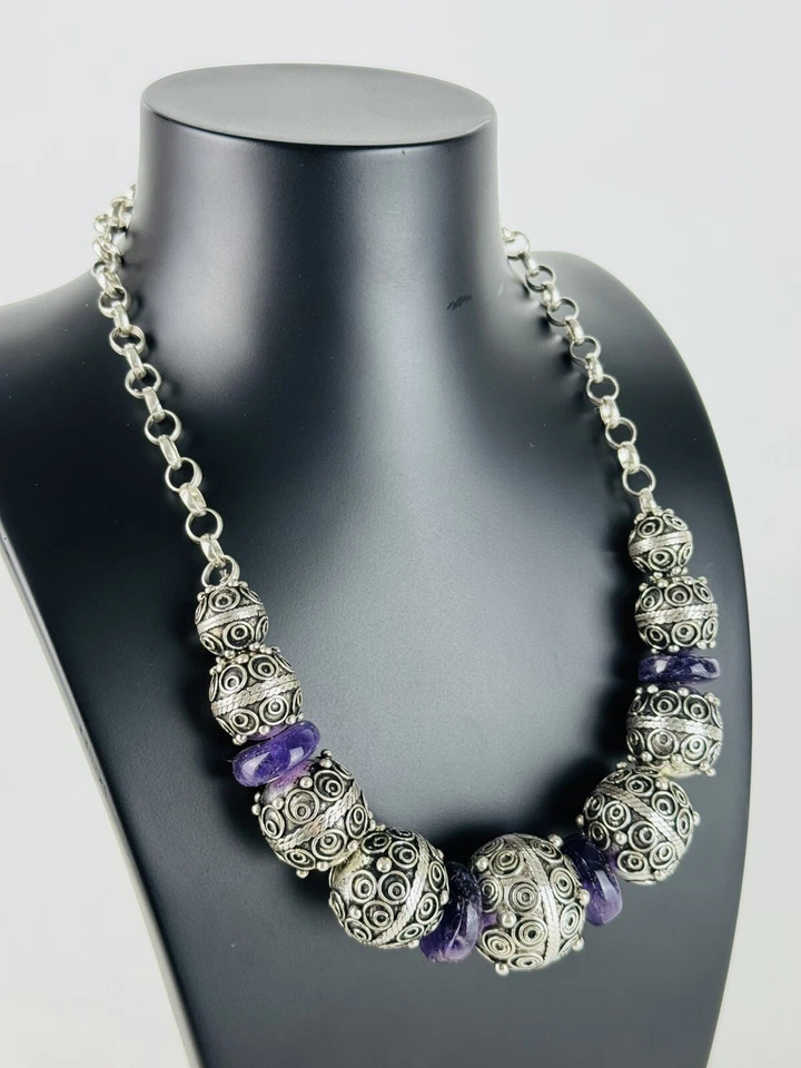 Girocollo Tibetano Collana In Argento E Pietra Ametista Gioiello Tibet XX Sec. - Immagine 3 di 4