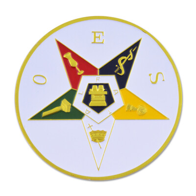 Order of the Eastern Star Round Masonic Auto Emblem - [White&Gold][3'' Diameter]