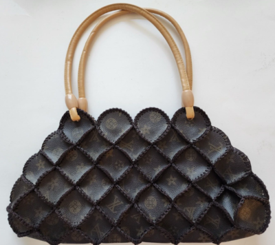 Unusual patch work faux leather cord brown handbag purse, zip