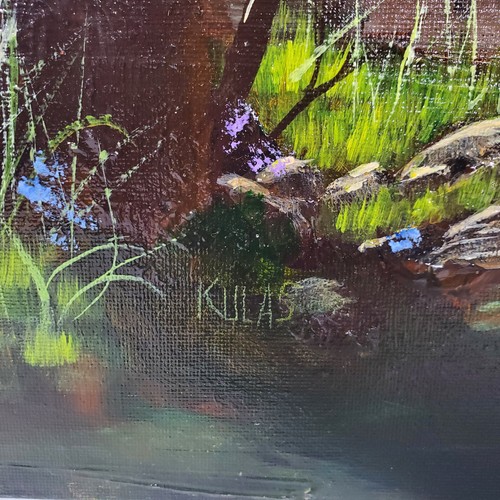 Dipinto olio firmato Kulas 18x24 anni 2000 alberi caduti caduta bosco paesaggio fiume - Foto 3 di 23