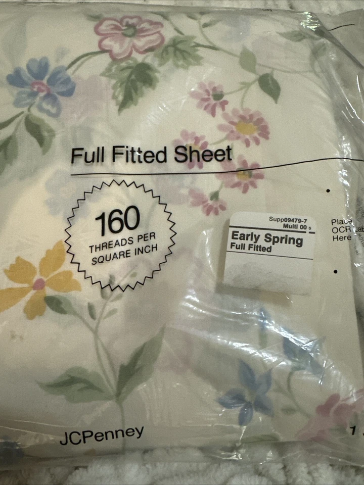 复古 JC Penney 全床单早春蓝色粉红色破旧花卉 NOS  — 第 2/4 张图片
