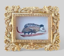 Opossum Family mini art watercolor print in gold vintage style ornate frame