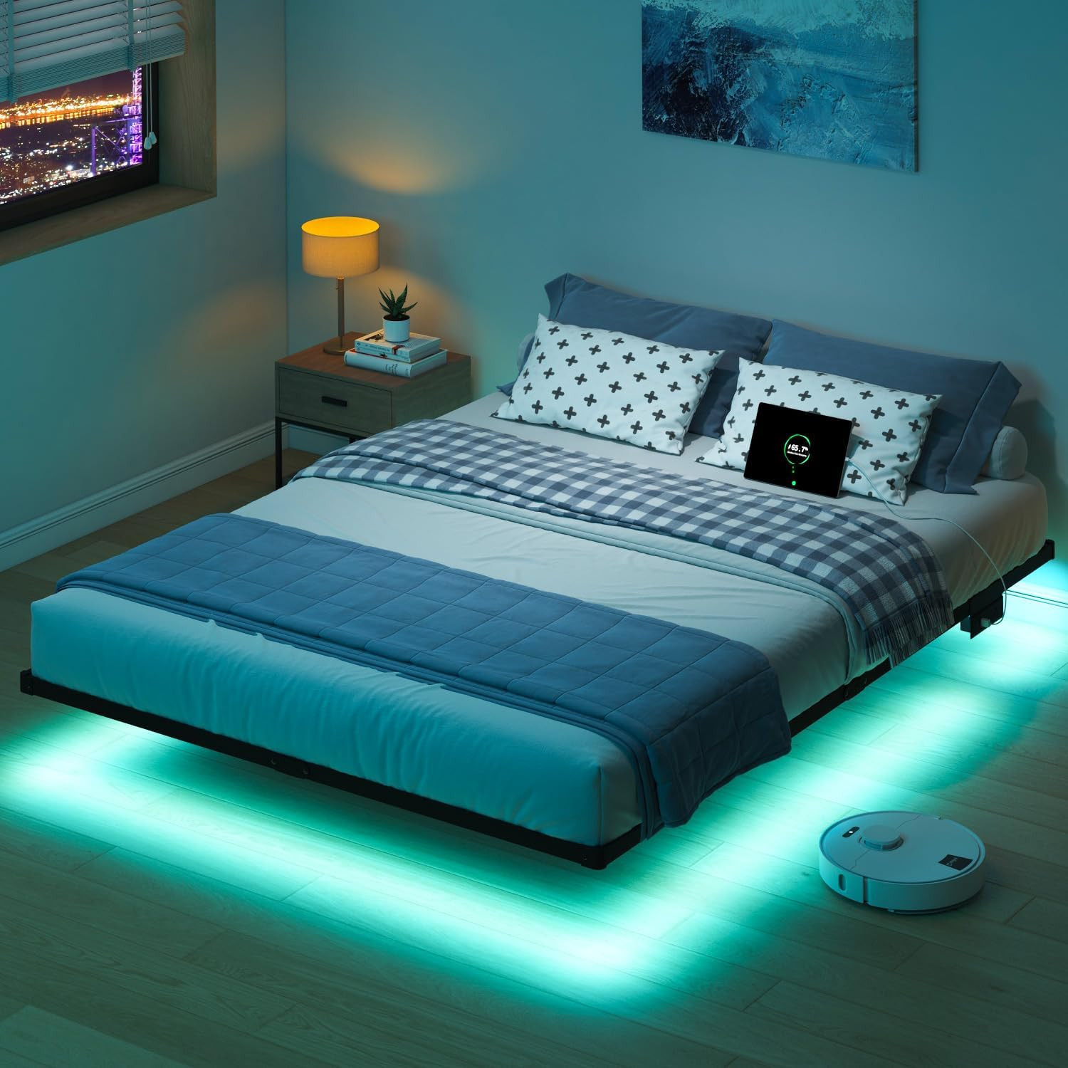 With Led Lights & Charging Station - No Box Spring Need