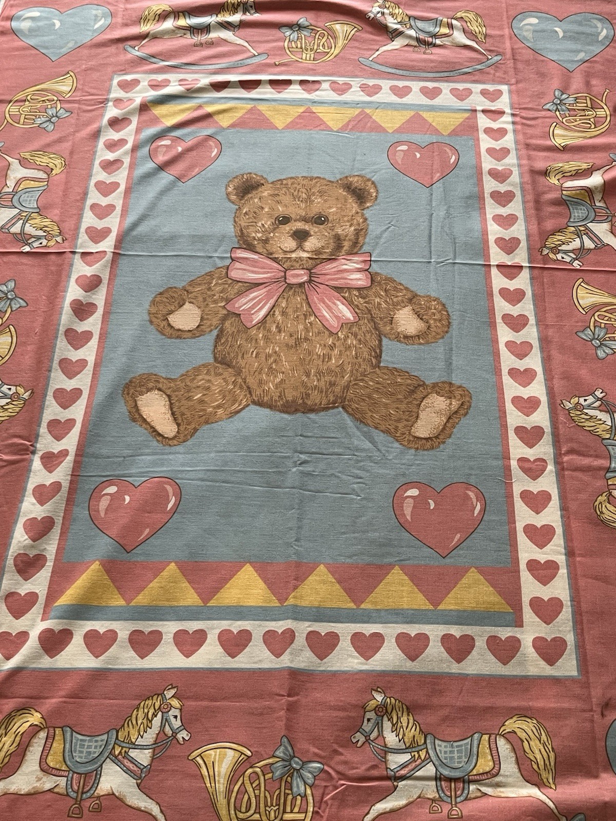 VTG Rocking Horse Bear Fabric Cotton Pastel Nursery Crib Quilt  35”x 44” NEW
