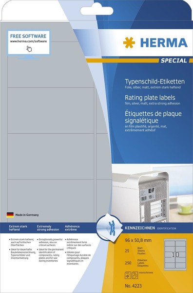 Herma 4223 4223 Typenschildetiketten A4 Silber 96X50,8 Mm Extrem Stark Haftend F-image