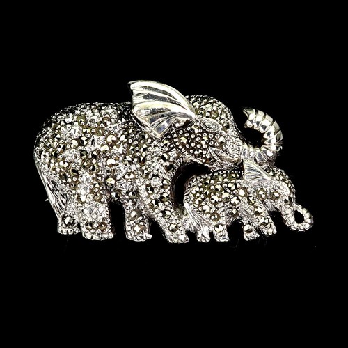 925 Sterling Silver Brooch Round Marcasite Elephant Natural Gemstone Jewelry