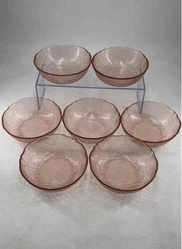 VTG Arcoroc Rosa Pink Rosaline Depression Glass Salad Soup Bowls & Plates 12 10"