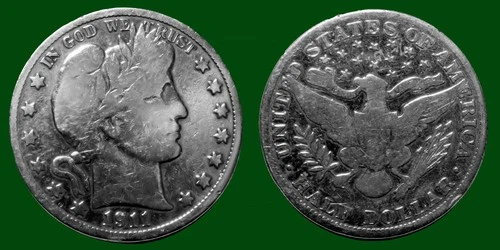 1911 P Barber Liberty Head Silver Half-Dollar Circulated VG-Fine Condition