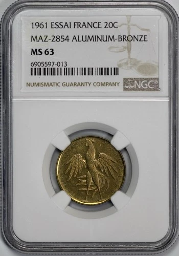 1961 France Essai 20 Centimes NGC MS 63 MAZ-2854 Aluminum Bronze