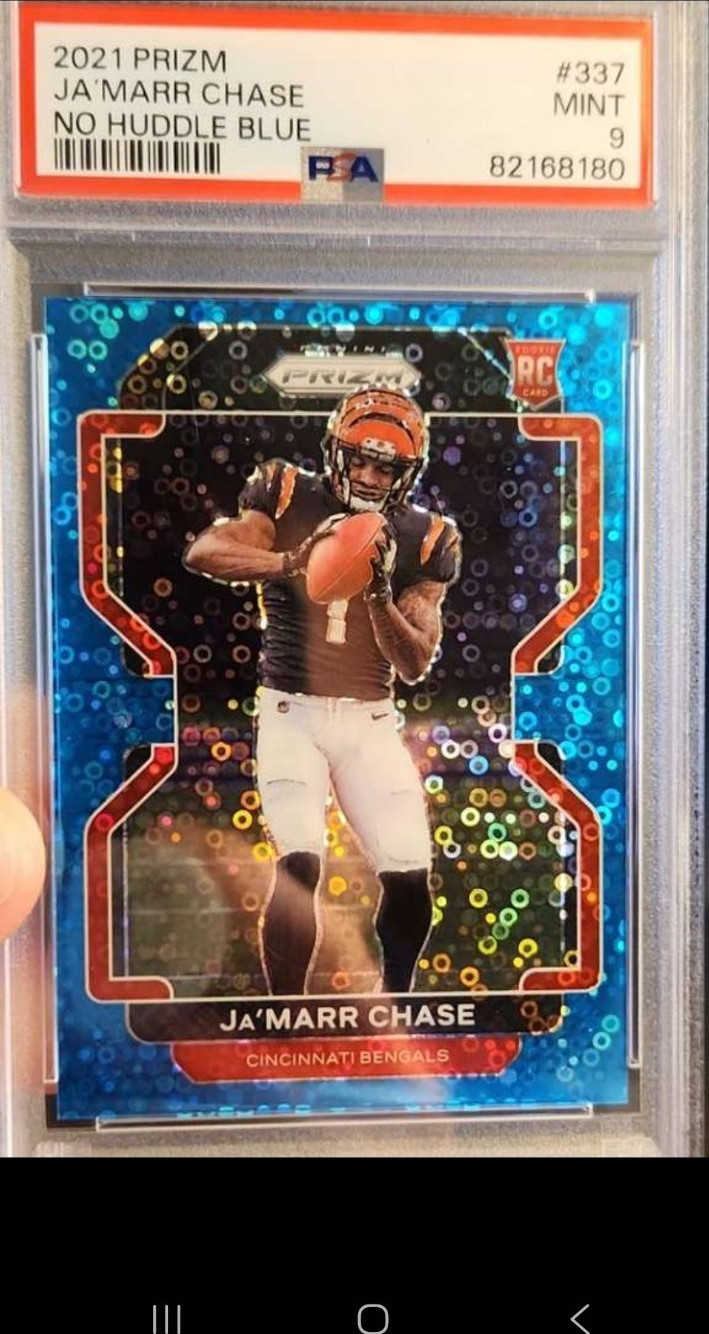 Prizm 2021 Ja'Marr Chase RC No Huddle Blue #337 /79 Bengals PSA 9