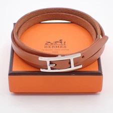 HERMES Api 3 Triple Tour Long Bracelet SHW Leather Sliver Brown 67RF771