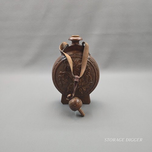 Vintage Large Wooden Hand Carved Flask Decanter Bottle 11" Tall, Leather Strap - Picture 8 of 13