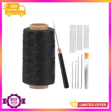 Heavy Duty Waxed Thread Sewing Kit Leather Upholstery Repair Awl Needle Black
