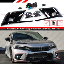 FOR 2022-2024 CIVIC PROJECTOR CLEAR LENS LED FOG LAMP + GLOSS BLACK BEZEL COVER