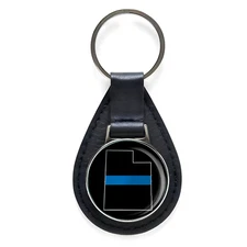 Law Enforcement Thin Blue Line Utah State Black Leather Keychain Silver Keyring