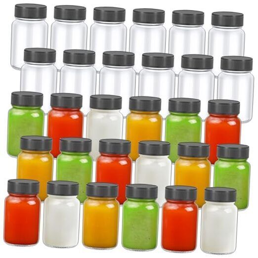 30 Pack 2 oz Glass Bottles with Lids Wide Mouth Juice Shot Bottles Clear Mini 