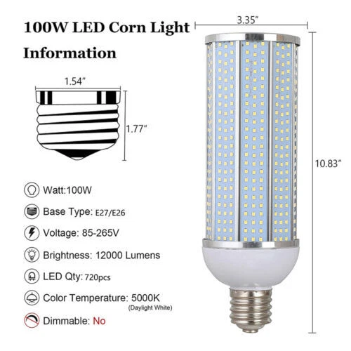 1000W Equivalent LED Corn Light Bulb 100W 12000 Lumen 5000K Daylight White E26 - Image 3 of 4