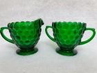 Vintage Anchor Hocking Cream and Sugar Set Emerald Green Bubble Glass