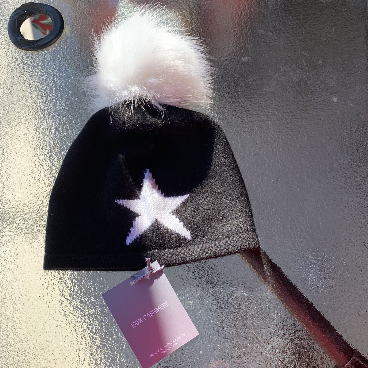 HANNAH ROSE ⚜ WOMEN\'S BLACK CASHMERE WINTER POMPOM HAT NWT Hannah Rose 100% black cashmere hat with pompom | eBay main image 2