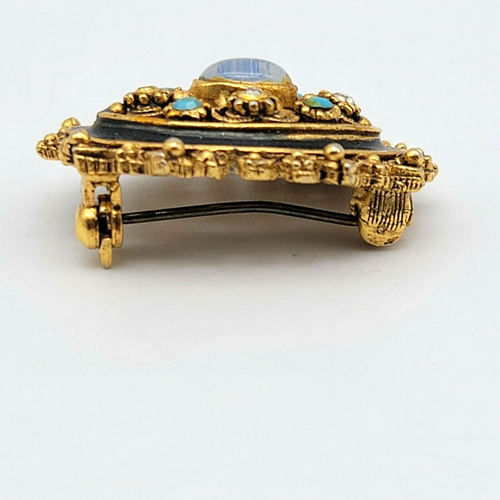 VTG FLORENZA Opal Turquois & Rhinestone Designer Pin Brooch 1 1/4"x 7/8" Goldton - Picture 5 of 6
