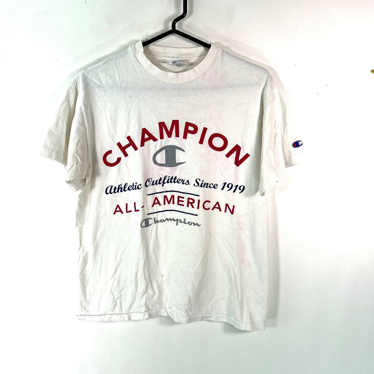 Vintage Champion Mens Short Sleeves All American Graphic White T