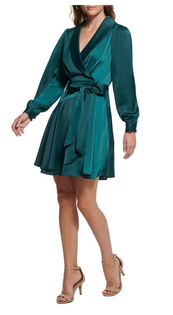 green satin fit and flare dress Satin Pleated Fitted Gown 4 / Emerald