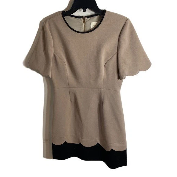 Abito Kate Spade Crepe Scallop Tan Nero Tg 8 Manica Corta Mini Fit Svasato