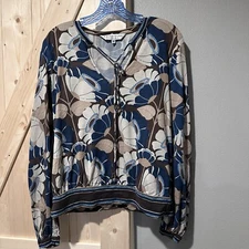 TRINA TURK 100% Silk Brown & Tan Floral Blouse Top Retro Aesthetic M