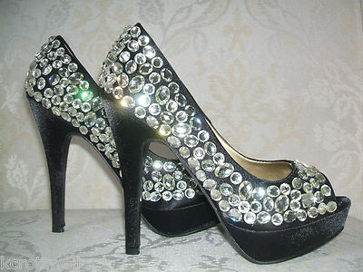 LYDC GRÖSSE 3 5 6 SCHWARZ SATIN STRASS PEEPTOE PARTY BESONDERE ANLÄSSE SCHUHE NEU MIT ETIKETT