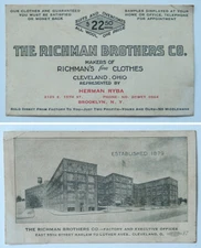 RICHMAN BROTHERS OHIO CLEVELAND JEWISH BUSINESS CARD ADVERT BROOKLYN NY 1920'S 