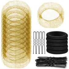 Mesh Hair Nets Set, 30 Nets for Buns, 30 2.4 U-Pins, 5 Light Linen Elastics