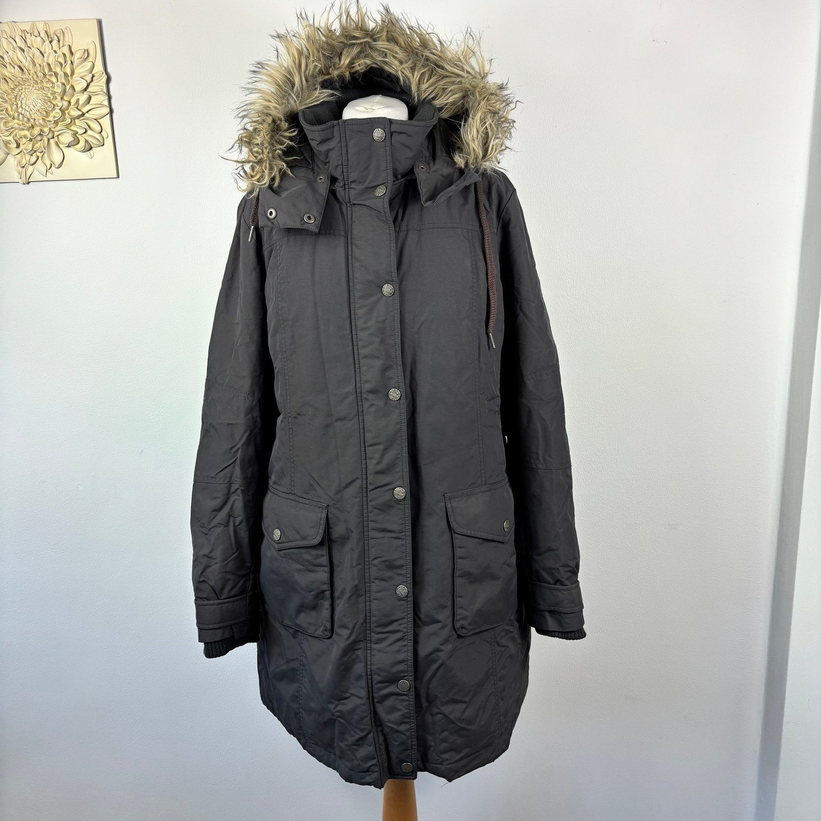 Fat Face Feather Down Parka Coat Size 18 Charcoal Grey Puffer Jacket Fur Trim
