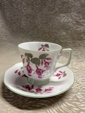 Queens Fine Bone China Fuchsia Flowers Tea Cup/Saucer Green Rim
