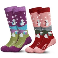  Merino Wool Ski Socks Kids, Knee-high Warm Small Pink Red Gray Blue (2 Pairs)